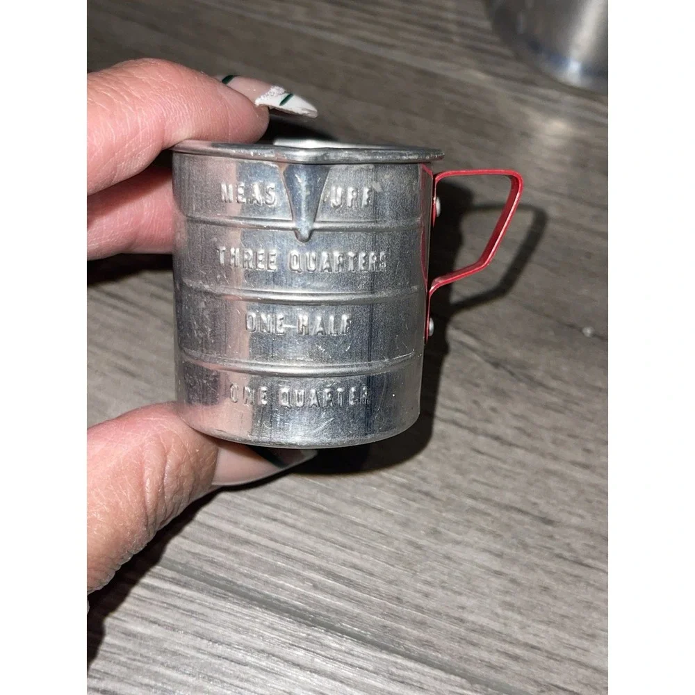 Vintage Aluminum Toy LOT - measuring cup, cookie sheet, cookie cutters, & coffee